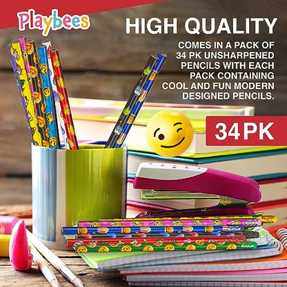 Playbees Emoticon No 2 Pencils for Kids - 36 Pack Bulk Kids Pencils #2 with Erasers - Assorted Smiley Birthday Party Favors, Classroom Prizes, Goody Bag Stuffers, Teacher's Educational Supplies - style: 36 Pack