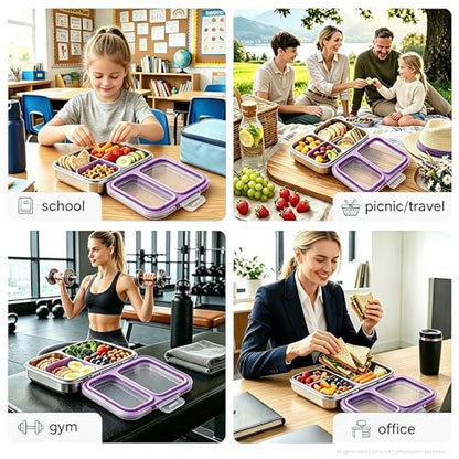 Leak-Resistant 18/8 Stainless Steel Bento Lunch Box Kids 7+ and Adults | 2 Swappable Style Accessories, BPA-Free Tritan Lid, Dishwasher Safe, School, Office & Travel - color: Purple