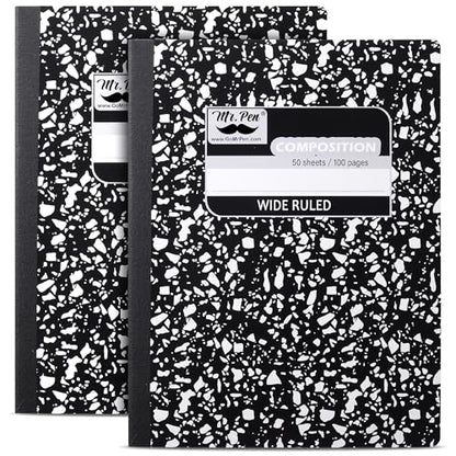 Mr. Pen- Composition Notebook, 2 Pack, Wide Ruled, 50 Sheets, 9.75" x 7.5" | Black Marble, Composition Book, Notebooks for School, Wide Ruled Composition Notebook, Journal Notebooks, Writing Notebooks - size: 2 Pack