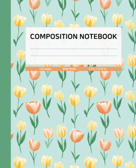 Composition Notebook Wide Ruled | Flower illustration with Greyish Green Spine Color | 120 Pages, 7.5x9.25 inches