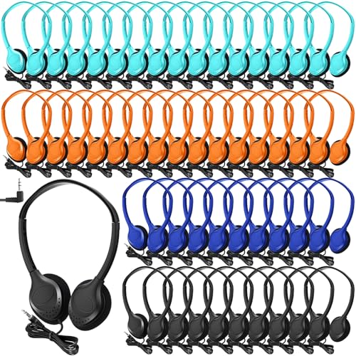 Frienda 48 Pack Classroom Headphones Bulk, Wired School Headsets for Students, Stereo Headphones with 3.5 mm Plug for Classroom, Online Learning, Library(Basic,Orange, Navy, Black, Blue) - color: Orange, Navy, Black, Blue, style: Basic