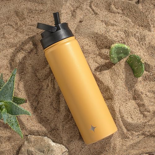 JoyJolt Triple Insulated Water Bottle with Straw Lid AND Flip Lid! 22oz Water Bottle, 12 Hour Hot/Cold Vacuum Insulated Stainless Steel Water Bottle. BPA-Free Leakproof Water Bottles - Thermos Bottle - color: Goldenrod, size: 22 Ounces
