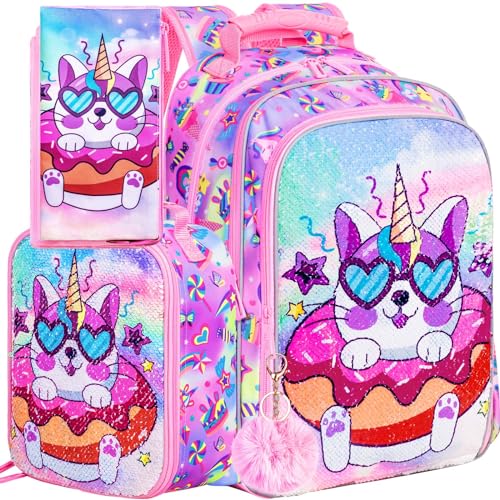 gxtvo 3PCS Girls Backpack, 16" Sequin Prechool Elementary Bookbag and Lunch Box - color: Upgraded Cat Pink
