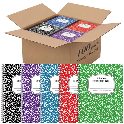 Fulmoon 100 Pack Bulk Spiral Composition Notebooks, Hard Cover, Wide Ruled Paper, 9-3/4 x 7-1/2 Inches, 60 Pages (30 Sheets), Assorted Marble Cover Composition Notebooks for School College Office - color: 5 Color, size: Wide Ruled 7.5 x 9.75 Inches