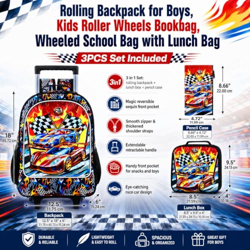 HPJGD 3PCS Car Rolling Bookbag for Boys, Kids School Backpack with Wheels, Water Resistant UV Printed Roller Wheeled Bookbag Set with Lunch Box - color: 3PCS Boys Rolling Backpack