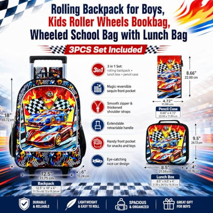 HPJGD 3PCS Car Rolling Bookbag for Boys, Kids School Backpack with Wheels, Water Resistant UV Printed Roller Wheeled Bookbag Set with Lunch Box - color: 3PCS Boys Rolling Backpack