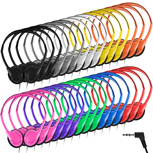 Yunsailing 30 Pack Bulk Over Ear Headphones Set On Ear Headsets Earphones with Adjustable Headband and 3.5mm Plug for Group Learning, Computer Lab, Library, Online Lesson and Testing (Classic Color) - color: Classic Colors