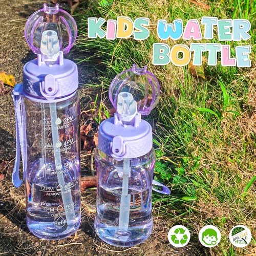 OLDLEY 17oz Kids Water Bottle, Tritan BPA-Free, Leakproof Flip Straw Lid, Motivational Time Marker, Carry Strap, Reusable Clear Water Bottle for Boys & Girls,Amethyst - color: Amethyst, style: 17 Ounces