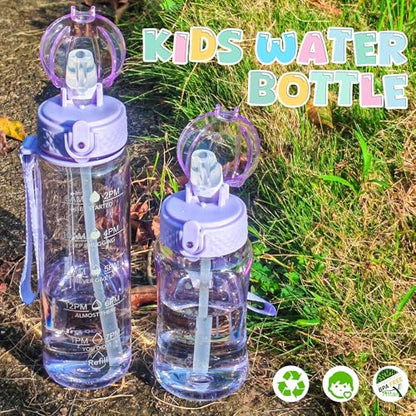 OLDLEY 12oz Kids Water Bottle, Tritan BPA-Free, Leakproof Flip Straw Lid, Motivational Time Marker, Carry Strap, Reusable Clear Water Bottle for Boys & Girls,Amethyst - color: Amethyst, style: 12 Ounces