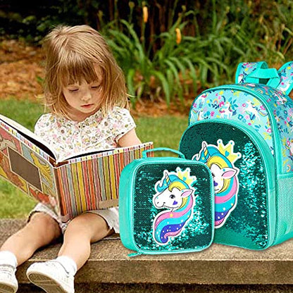 gxtvo 3PCS Girls Backpack, 16" Sequin Prechool Elementary Bookbag and Lunch Box - color: Unicorn Green