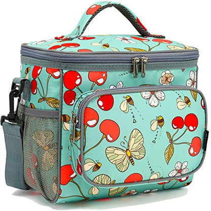 FlowFly Insulated Reusable Lunch Bag Adult Large Lunch Box for Women and Men with Adjustable Shoulder Strap,Front Zipper Pocket and Dual Large Mesh Side Pockets,Cherry - color: Cherry