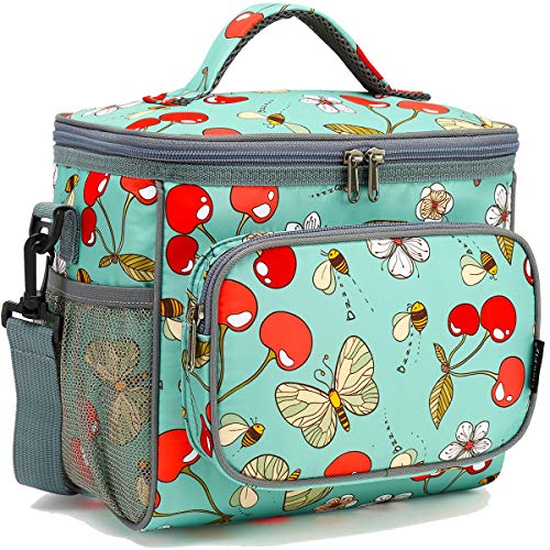 FlowFly Insulated Reusable Lunch Bag Adult Large Lunch Box for Women and Men with Adjustable Shoulder Strap,Front Zipper Pocket and Dual Large Mesh Side Pockets,Cherry - color: Cherry