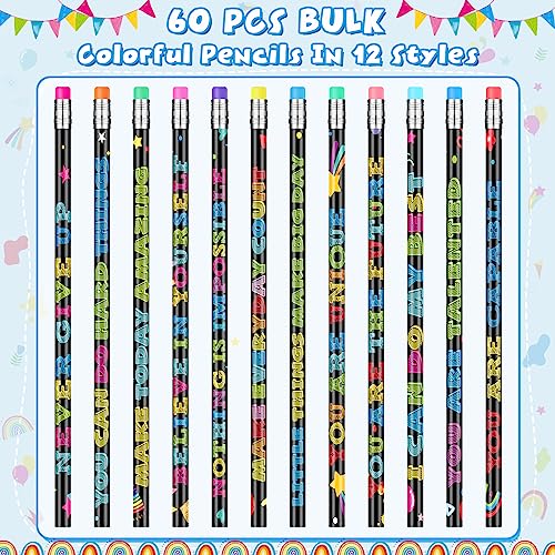 60 Pcs Motivational Pencils Bulk, Fun Inspirational School Pencils for Classroom, Cute Wood Pencils with Encourage Positive Sayings, Back to School Supplies for Kids Student Teacher Classroom Reward - size: 60 Count (Pack of 1)
