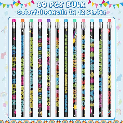 60 Pcs Motivational Pencils Bulk, Fun Inspirational School Pencils for Classroom, Cute Wood Pencils with Encourage Positive Sayings, Back to School Supplies for Kids Student Teacher Classroom Reward - size: 60 Count (Pack of 1)
