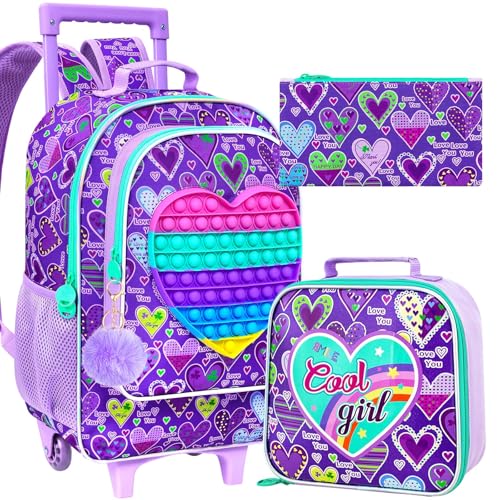 AGSDON 3PCS Rolling Backpack for Girls, Kids Roller Wheels Bookbag, Wheeled School Bag with Lunch Bag - Purple - color: Love
