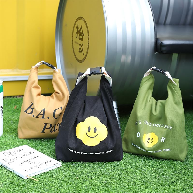 Japanese Bento Bag, Stylish Smiley Face Canvas Insulated Lunch Tote with Handle and Buckle Roll-up Lunch Bag - color: Black