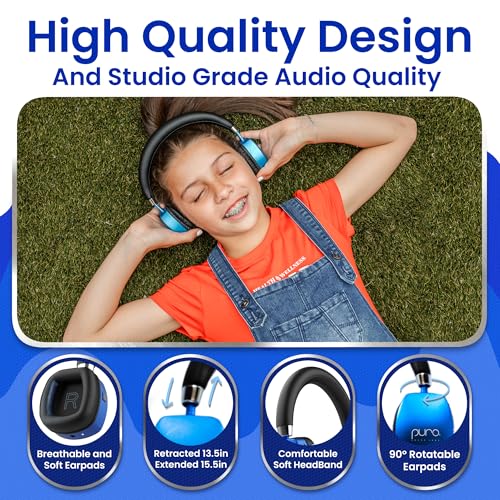 Puro Sound Labs Noise Cancelling Headphones for Kids - 85 dB Volume Limit, Built in Mic, 35-Hour Battery, Lightweight On Ear Design & Comfy Fit, Bluetooth Headphones for Kids – PuroQuiet Plus, Blue - color: Blue
