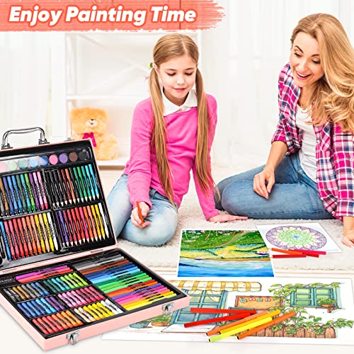 Soucolor 183 Art Set Drawing Painting Kit,Crayons Pastels Markers,Kids Gift | Crayons, Pastels, Markers, Pencils, Watercolors, Sketch Paper — Wooden Case, Non-Toxic, Birthday Gift. - style: Pink