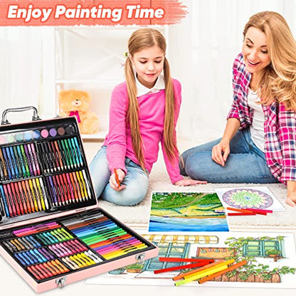 Soucolor 183 Art Set Drawing Painting Kit,Crayons Pastels Markers,Kids Gift | Crayons, Pastels, Markers, Pencils, Watercolors, Sketch Paper — Wooden Case, Non-Toxic, Birthday Gift. - style: Pink