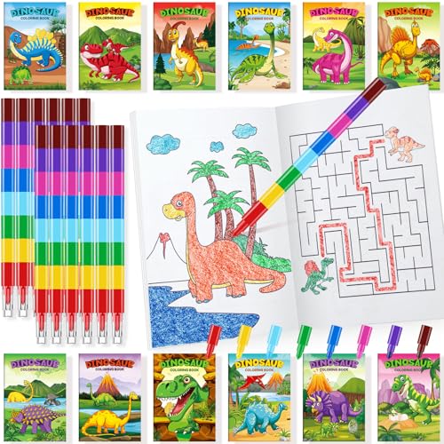 BenLouis 24 Dinosaur Mini Coloring Books Kids with 24 Stacking Crayons Dino Birthday Party Favors Activity Books Bulk for Kids Jurassic Goodie Bag Gift Stuffer Classroom Reward - style: Dinosaur