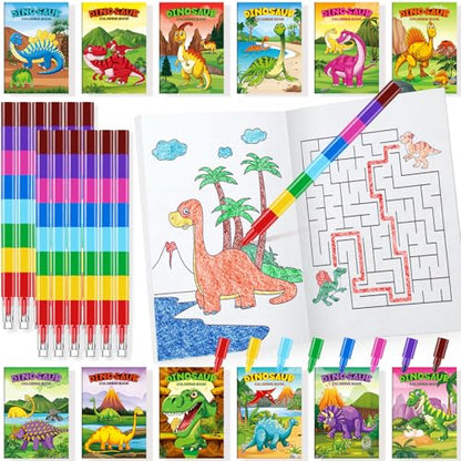 BenLouis 24 Dinosaur Mini Coloring Books Kids with 24 Stacking Crayons Dino Birthday Party Favors Activity Books Bulk for Kids Jurassic Goodie Bag Gift Stuffer Classroom Reward - style: Dinosaur