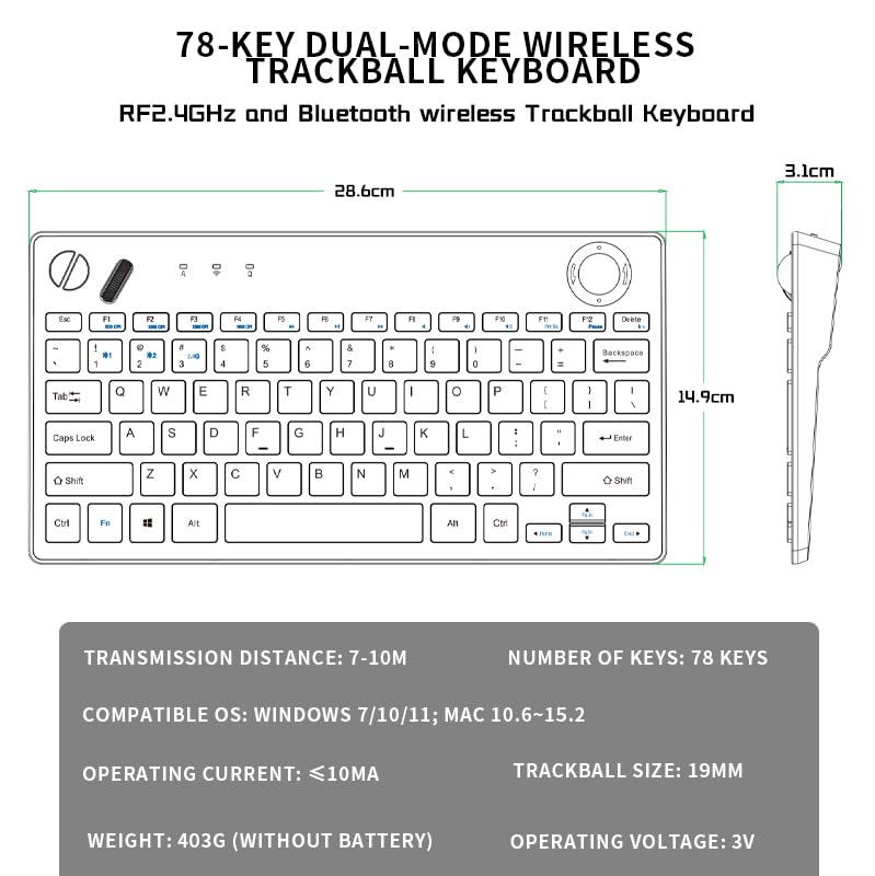 JOMAA 78 Keys Dual Mode Wireless Trackball Keyboard, Bluetooth 5.0 & 2.4G Wireless Keyboard with 19mm Trackball for Windows Mac iOS Android Computer Tablet Desktop