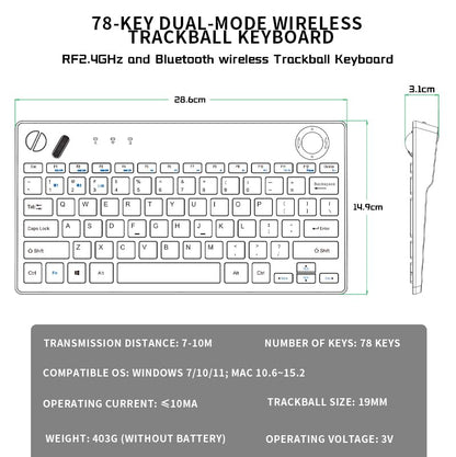 JOMAA 78 Keys Dual Mode Wireless Trackball Keyboard, Bluetooth 5.0 & 2.4G Wireless Keyboard with 19mm Trackball for Windows Mac iOS Android Computer Tablet Desktop