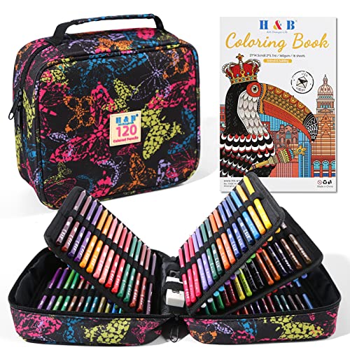 H & B 120-Color Colored Pencils Set with Coloring Book, Eraser, and Sharpener - Perfect for Drawing and Coloring - Soft Oil-Based Cores Ideal for Adults and Beginners - size: 1 count (Pack of 120), style: 1-Butterfly (Basic)