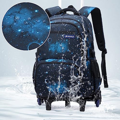 Mildame Galaxy Print Rolling Backpack for School Boys Girls with Lunch Bag Teens Bookbag with Wheels Kids Trolley Bag Set, Six Wheels - color: Black&Blue Starry Sky Set-6 Wheels