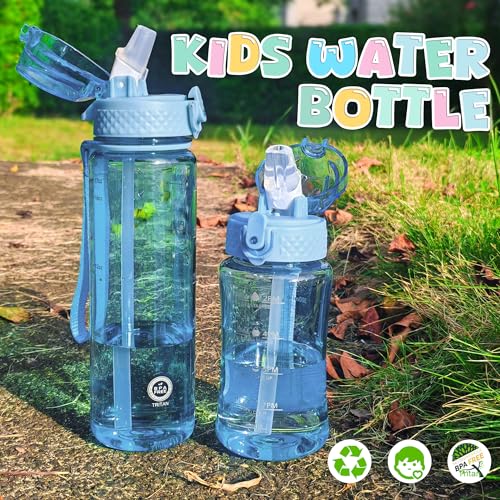 OLDLEY 12oz Kids Water Bottle, Tritan BPA-Free, Leakproof Flip Straw Lid, Motivational Time Marker, Carry Strap, Reusable Clear Water Bottle for Boys & Girls,Baby Blue - color: Baby Blue, style: 12 Ounces