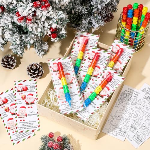 Sayglossy 24 Sets Christmas Santa Claus Crayons Party Favors 4 Colors Xmas Stacking Crayons with Double Sided Coloring Postcard Christmas Party Gifts Prize Bulk for Holiday Goodie Bag Stuffers - style: Santa Claus