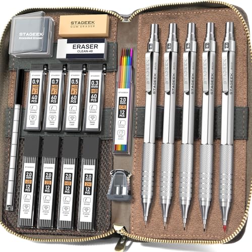 STAGEEK Metal Mechanical Pencil Set in Leather Case, 5PCS Art Drafting Pencil 0.3, 0.5, 0.7, 0.9 & 2mm Lead Holder, 9 Tube (4B 2B HB 2H Colors) Lead Refills for Drawing, Sketching, Writing (Silver) - color: Silver, style: 0.3 0.5 0.7 0.9 2.0