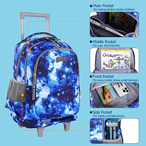 seastig Rolling Backpack 18in Double Handle Backpack Kids Wheeled Backpack Roller Backpack with Lunch Bag Set Girls Boys - color: Blue Starry Sky