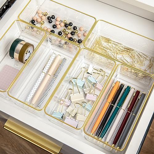 Martha Stewart Kerry Plastic Stackable Office Desk Drawer Organizers, 6" x 3", 6 Pack, with Gold Trim - size: 6" x 3"