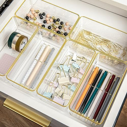 Martha Stewart Kerry Plastic Stackable Office Desk Drawer Organizers, 6" x 3", 6 Pack, with Gold Trim - size: 6" x 3"