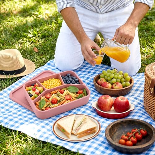 2 Pack Silicone Bento Box, 4-Compartment Leak-Proof Large Lunch Container with Lids, 42 oz Food-Grade Meal Prep Box, Microwave & Dishwasher Safe, Unbreakable Reusable Food Storage for Adults