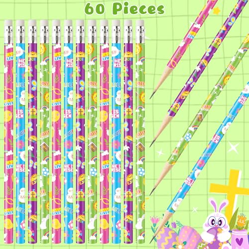 Xqumoi 60Pcs Easter Religious Pencils with Eraser - He is Risen Christian #2 HB Pencils, Sunday School Classroom Student Rewards Office Supply Holiday Gift Goodie Bag Fillers Stuffers Party Favors - style: Easter Religious