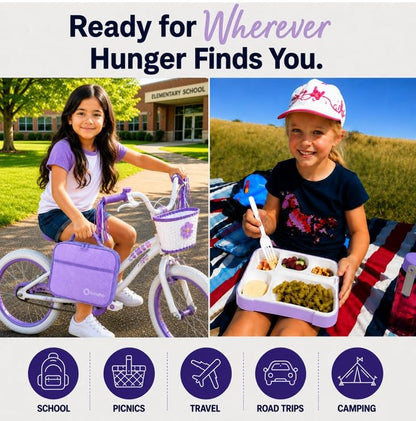 kinsho Lunch Boxes for Kids Girls Teens - Bento Box Set with Insulated Bag and Ice Pack, 6 Compartment Leak Proof Food Container, BPA-Free, Microwave Safe, Ideal for School & Work, Purple - color: Purple