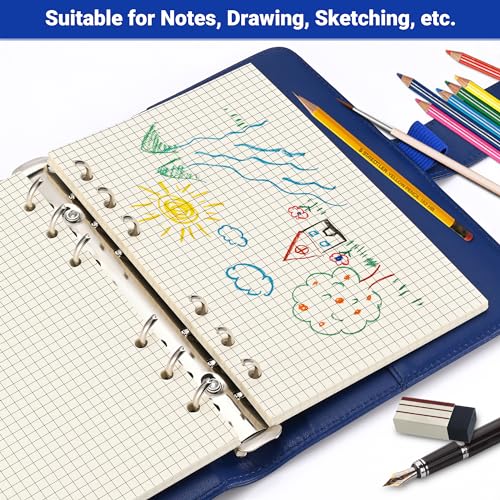 Beige A6 6-Hole Grid-Ruled Loose Leaf Refill Paper(Pre-Punched)-Fits A6 6-Ring Binder, 100GSM Thick No Bleed-through Sheets, Double Sided Writing for Fountain Pen & Gel Pen - size: Grid-A6
