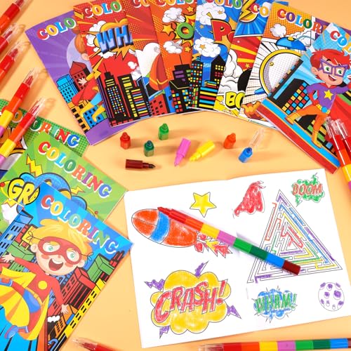 BenLouis 24 Hero Mini Coloring Books Kids with 24 Stacking Crayons Hero Party Favors Activity Books Bulk for Kids Hero Goodie Bag Gift Stuffer Classroom Reward - style: Hero