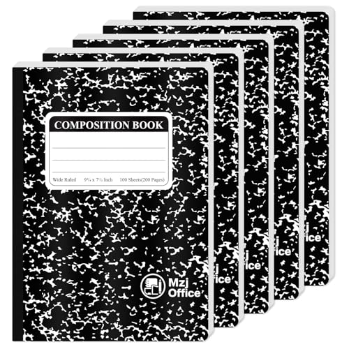 Marble Composition Notebooks, Wide Ruled, 5-Pack_100 Sheets | Black Marble Covers, 7-1/2" x 9-3/4" Wide Ruled Composition Books for School, Tutoring, and Office Notes for School Supplies.