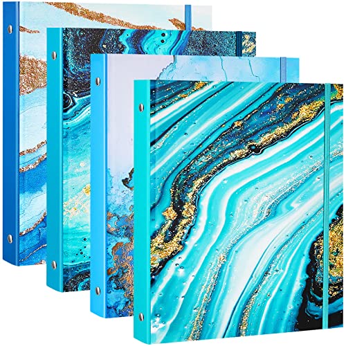Lewtemi 4 Pack Mini Binders 5.5 x 8.5 Three Ring, 1 Inch Marble Binder, Flower Ocean Decorative Hardcover with Elastic Cord for School, Office Use, Recipe, Photo Album Pages(Ocean) - style: Ocean