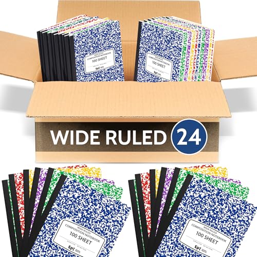 24 Pack - EPI Wide Ruled Composition Notebook Assorted Marble Colors - 200 Pages (100 Sheets), 9-3/4 x 7-½ - Classroom Back to School Supplies, Heavy Duty, Durable Hardcover Office Notebooks, Sewn - size: Pack of 24, style: Assorted - Wide