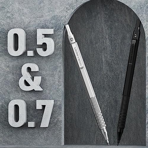 Four Candies 2PCS 0.5mm & 0.7 mm Metal Mechanical Pencils Set, 360PCS Lead Refills, 12 Erasers, Cool Lead Pencil with Case for School Writing, Sketching, Technical Work, Art Projects, Black & Silver - color: Silver+Black (2PCS)