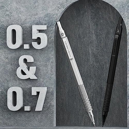 Four Candies 2PCS 0.5mm & 0.7 mm Metal Mechanical Pencils Set, 360PCS Lead Refills, 12 Erasers, Cool Lead Pencil with Case for School Writing, Sketching, Technical Work, Art Projects, Black & Silver - color: Silver+Black (2PCS)