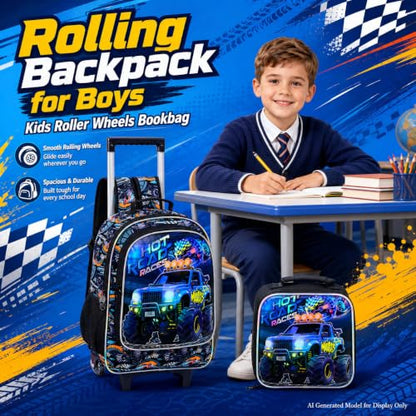 CCJPX 3Pcs Truck Rolling Backpack for Boys, 18" Kids Wheeled Bookbag with Lunch Box, Lightweight Roller School Bag for Elementary Preschool(Black) - color: Blue Truck