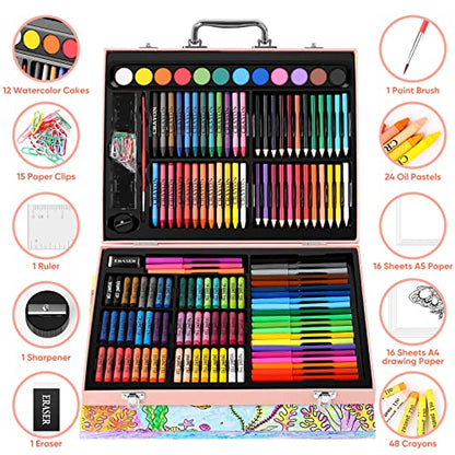 Soucolor 183 Art Set Drawing Painting Kit,Crayons Pastels Markers,Kids Gift | Crayons, Pastels, Markers, Pencils, Watercolors, Sketch Paper — Wooden Case, Non-Toxic, Birthday Gift. - style: Pink