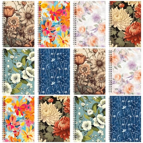 Fuutreo 12 Pcs Spiral Notebook for Work A5 8.3 x 5.7 Inch College Ruled Spiral Journal Notebook Kraft Cover Ruled Paper, 12 Color, 60 Sheets, 120 Pages for Office School (Vintage Flower,Innovative) - color: Vintage Flower