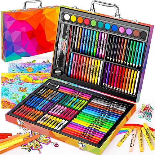 Soucolor 183 Art Drawing Painting Kit, Crayons Pastels Markers, Wooden Case | 183-Piece Art Set Includes Crayons, Oil Pastels, Watercolors, Colored Pencils, Markers, Drawing Paper, Brushes, Wooden Case - style: Rainbow