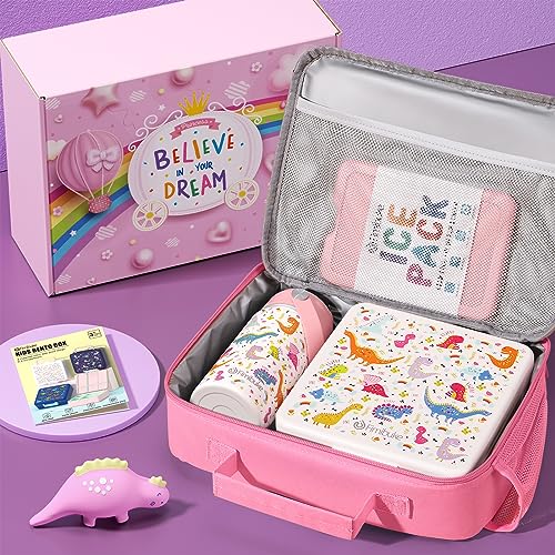 Fimibuke Kids Bento Lunch Box with 4 Compartments, Insulated lunch Bag, Stainless Steel Insulated Water Bottle, Ice Pack & Utensils Set, Birthday Gifts for Ages 3-12 Back to School Toddler Girls Boys - color: A5. White Dinosaur